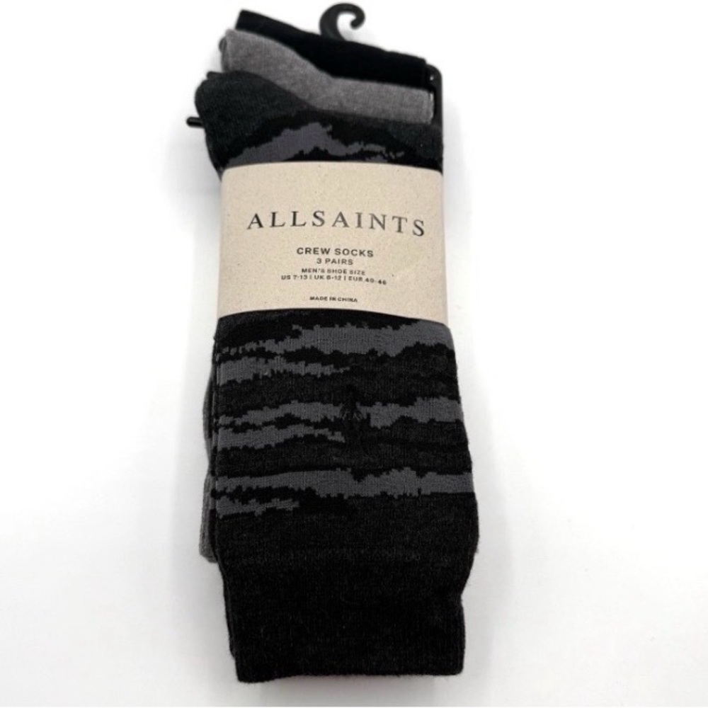Allsaints Crew Socks 3 pack Flat Knit Black Gray Animal Print Mens Size 7-13 NEW